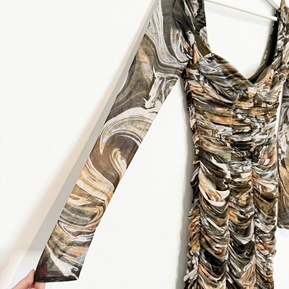 Zara Mesh Long Sleeve Ruched Marble Print Bodycon Mini Dress Stretchy Size XS - Picture 4 of 11